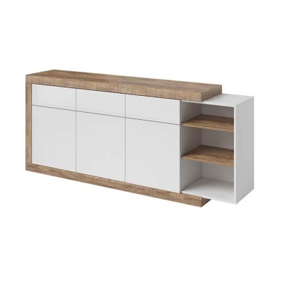 Móvel de apoio branco e madeira clara com prateleiras abertas