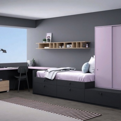 Quarto com cama de solteiro preta, armário roxo e secretária preta