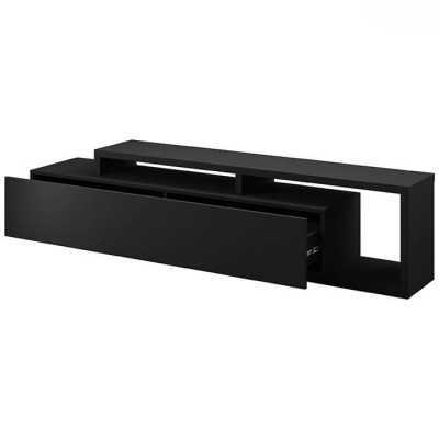 Móvel de sala modular preto com gaveta aberta.