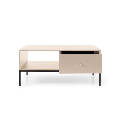 Mesa de centro creme com gaveta e pernas pretas