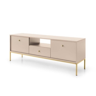 Móvel de sala de estar bege com portas, gaveta e pernas douradas