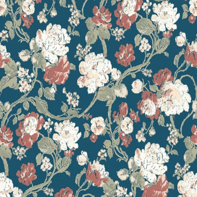 Papel de parede ou tecido floral azul escuro com flores brancas, vermelhas e verdes
