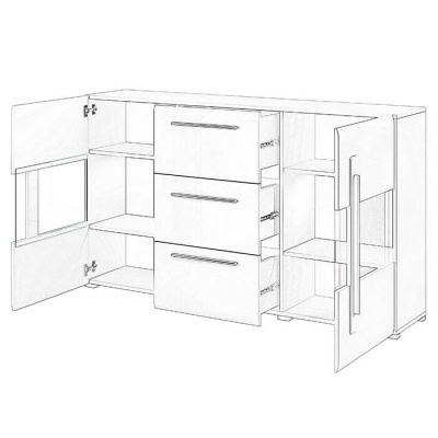 Móvel branco com três gavetas e duas portas de vidro laterais
