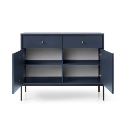 Aparador azul escuro com gavetas e portas abertas
