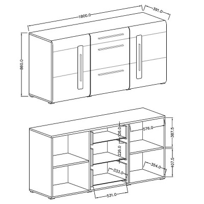 Desenho técnico de móvel alto com três portas e medidas