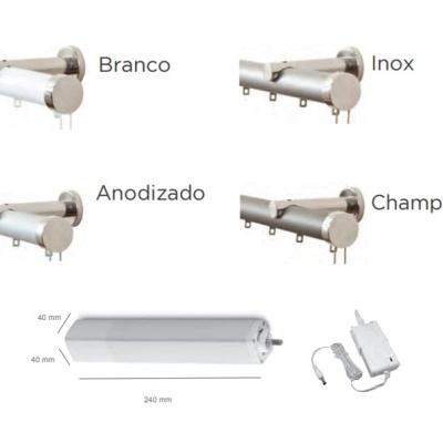 Varões de cortina cilíndricos em branco, inox, anodizado e champanhe com fonte de alimentação.