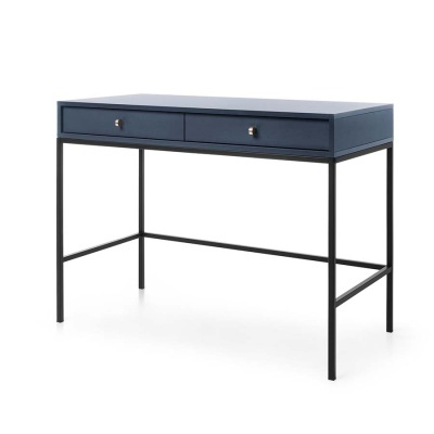Secretária azul com duas gavetas e estrutura metálica preta