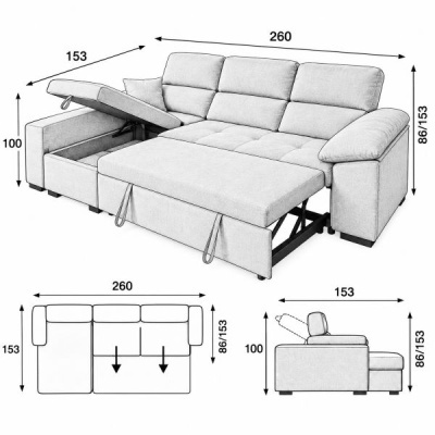 Sofá chaise longue cinza com armazenamento e assento extensível, com medidas