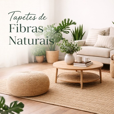 Tapete natural de fibras com puff e mesa de madeira numa sala confortável