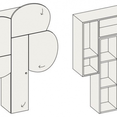 Esquema de móvel de madeira com portas que se abrem e compartimentos internos