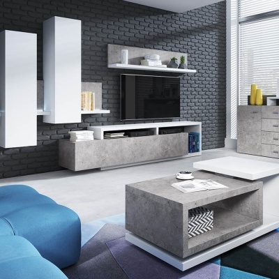 Móveis modernos cinzento cimento para sala e sofá azul