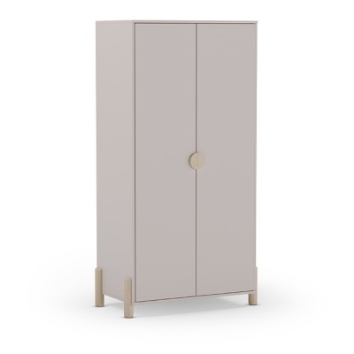 Roupeiro cinzento claro com pés em madeira natural e duas portas