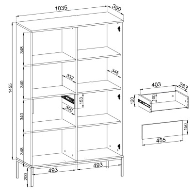 Desenho técnico de móvel alto com várias prateleiras e gaveta, medidas em milímetros