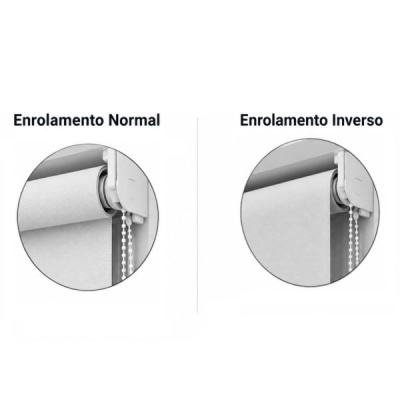 Dois tipos de enrolamento de cortinas rolo brancas com corrente de plástico, Enrolamento Normal e Enrolamento Inverso.