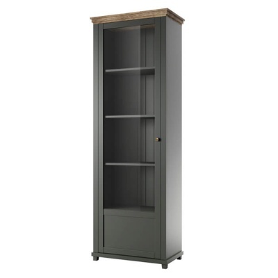 Vitrina alta cinzenta com porta de vidro e topo em madeira