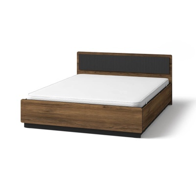 Cama de casal madeira castanho com cabeceira cinzenta e colchão branco