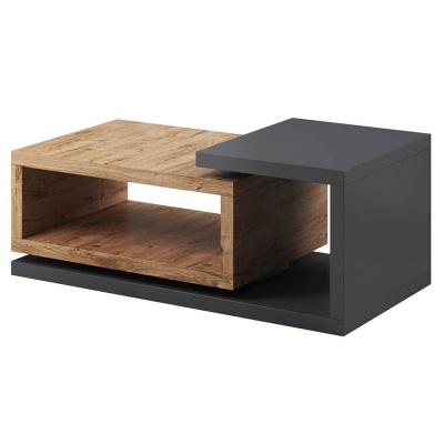 Mesa de centro moderna em madeira carvalho claro e cinza escuro com espaço de arrumação