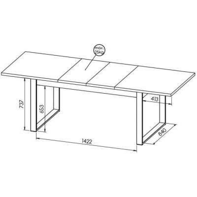 Desenho técnico de mesa retangular branca com medidas e capacidade máxima