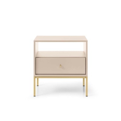 Mesa de cabeceira creme com gaveta e pés dourados
