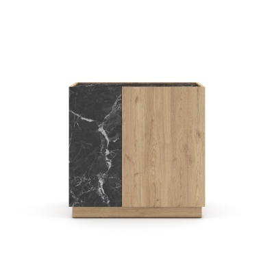 Móvel com portas em madeira clara e mármore preto em fundo branco