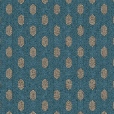 Tecido azul com padrão geométrico cinza-bege