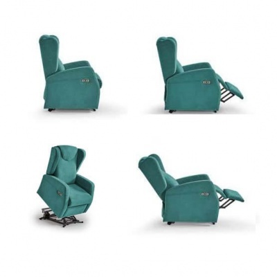 Cadeira reclinável verde de tecido vista de lados e posições diferentes