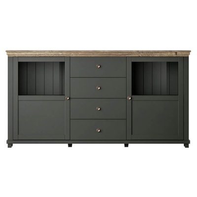 Aparador em madeira verde escura com tampo em madeira clara e quatro gavetas centrais