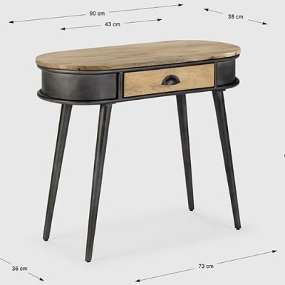 Mesa oval de madeira com gaveta e pernas cinzentas sobre fundo branco