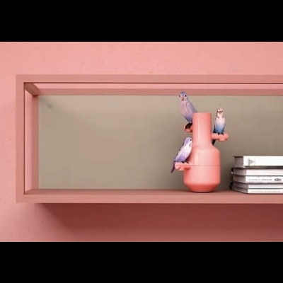 Estante cor-de-rosa com vaso cerâmico e pássaros decorativos e livros