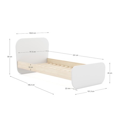 Cama de solteiro branca e madeira clara com dimensões em cm