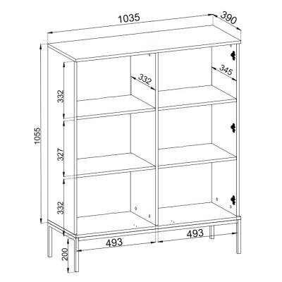 Desenho técnico de estante com medidas em milímetros