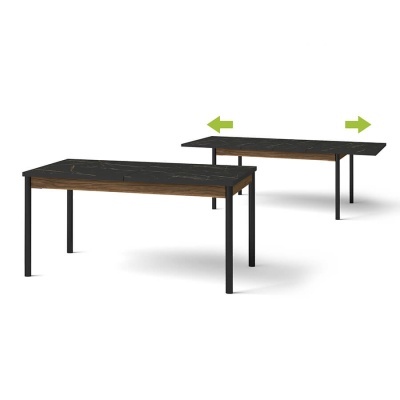 Mesa de jantar extensível com tampo preto de mármore falso e pernas pretas