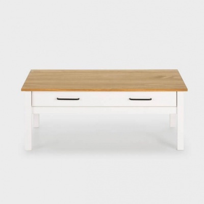 Mesa de centro madeira clara tampo e estrutura branca com gavetão