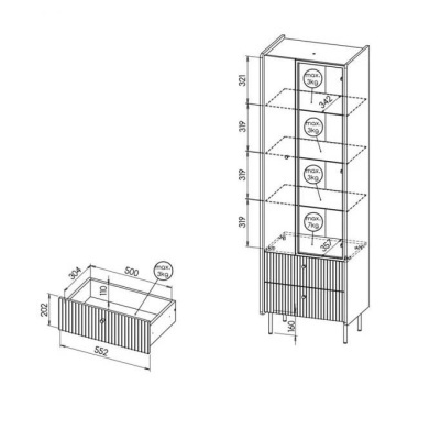 Desenho técnico de móvel vertical com prateleiras e gabinete inferior com portas, medidas e indicações de peso máximo.