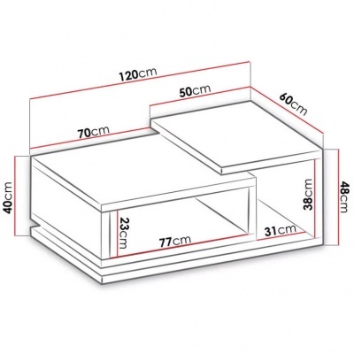 Mesa de centro branca retangular com compartimentos abertos e medidas em centímetros