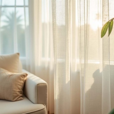 Cortina translúcida branca junto a sofá branco com almofadas bege