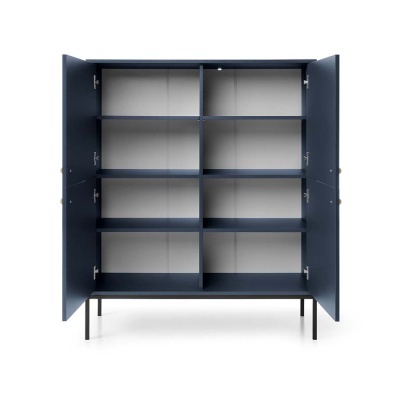 Armário azul escuro aberto com várias prateleiras e pernas pretas