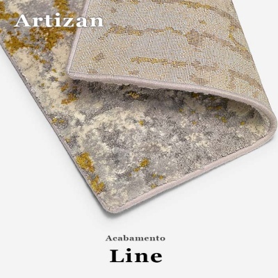 Tapete Artizan com padrão abstrato vermelho, cinza e amarelo e acabamento Line