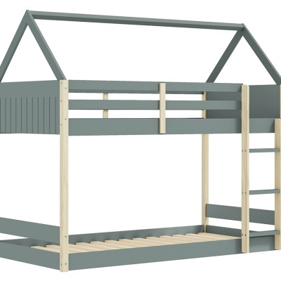 Cama infantil de madeira azul cinzenta e clara tipo castelo com escada