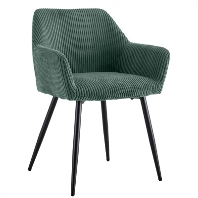 Cadeira verde de tecido riscado com pernas metálicas pretas.