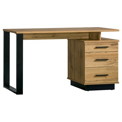 secretária de madeira carvalho com três gavetas e estrutura metálica preta