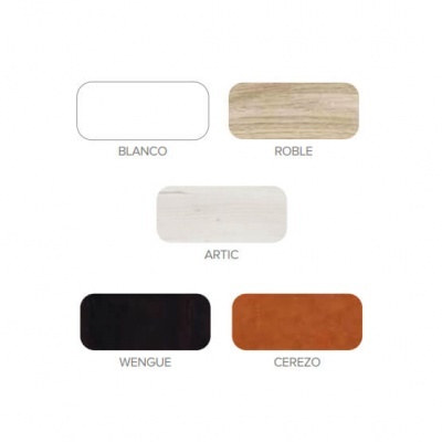 Cinco amostras de acabamento em madeira: BLANCO, ROBLE, ARTIC, WENGUE e CEREZO