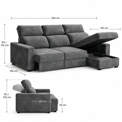 Sofá cinzento de tecido com chaise longue e compartimento aberto
