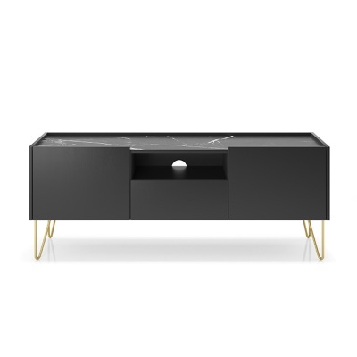 Aparador preto com tampo de mármore e pernas douradas