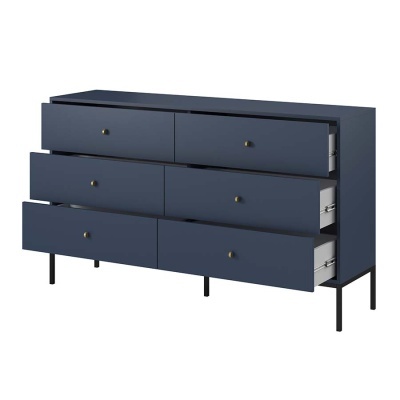 Cómoda azul escuro com seis gavetas e puxadores dourados
