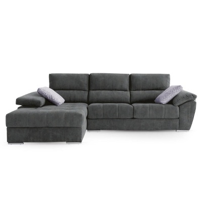 Sofá chaise longue cinzento escuro com almofadas roxas