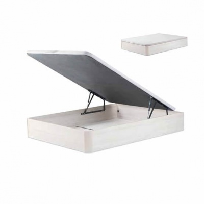 Cama-baú de madeira clara com estofado cinza com tampo aberto e fechado