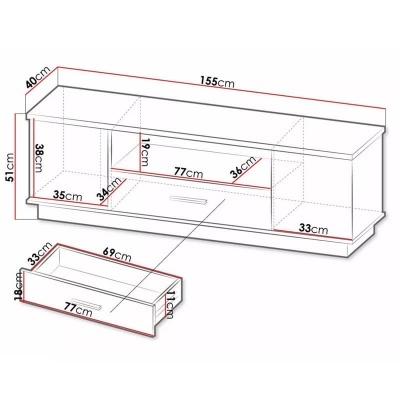 Desenho técnico de móvel para TV com medidas destacadas.