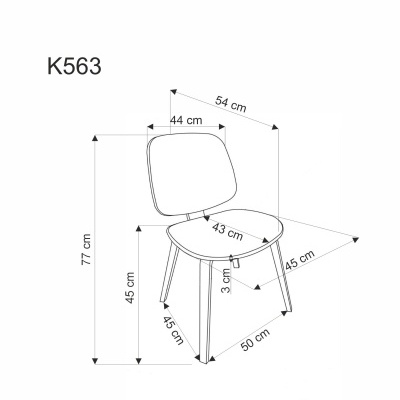 Desenho técnico de cadeira com medidas em centímetros e código K563