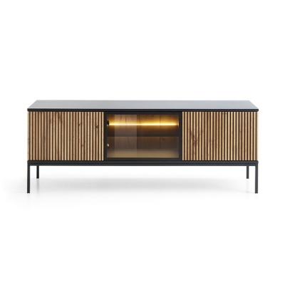 Aparador moderno madeira clara e preto com iluminação interior